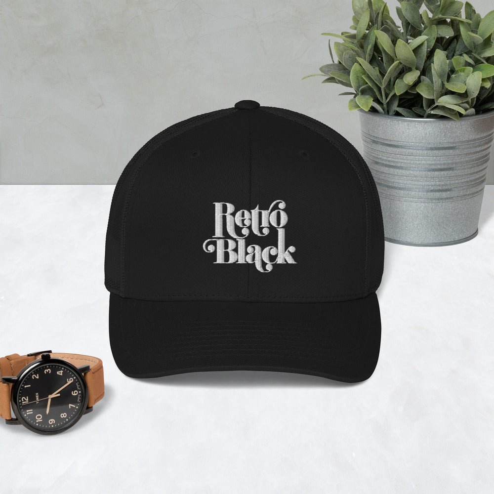 Retro Black Worded Logo Unisex Trucker Cap - Retro Black