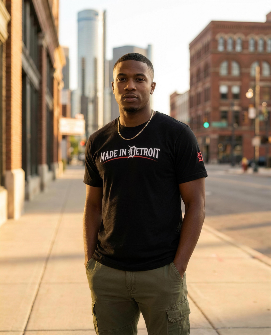 Black man wearing the Retro Black Made In Detroit t-shirt on a downtown Detroit street at golden hour