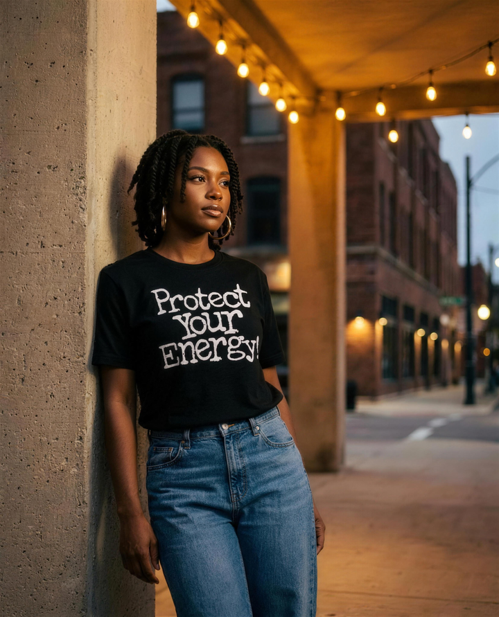 Black woman wearing the Retro Black Protect Your Energy unisex t-shirt under warm evening lights in Detroit