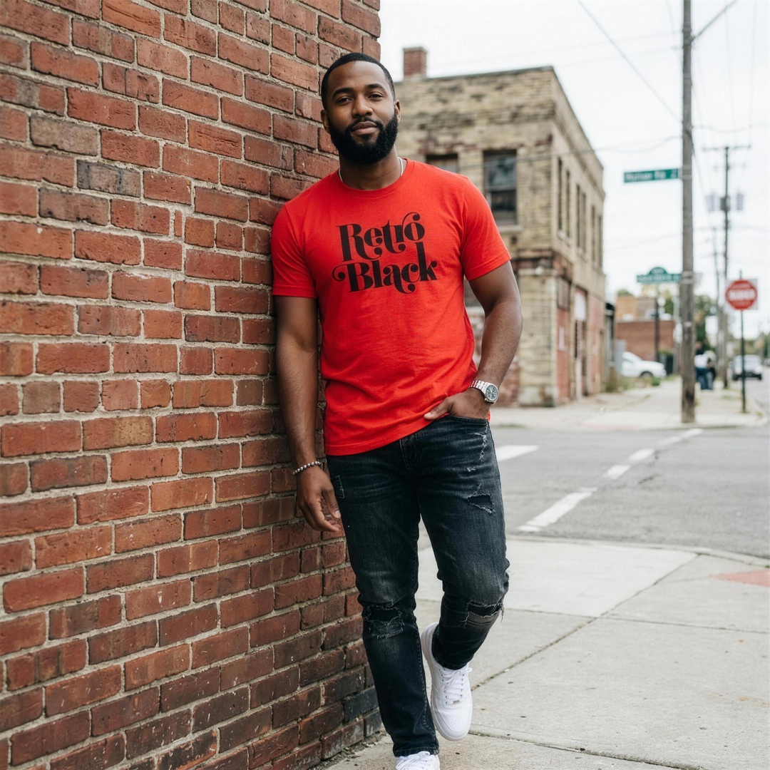 Black man wearing the Retro Black Worded Logo tee against a Detroit brick wall