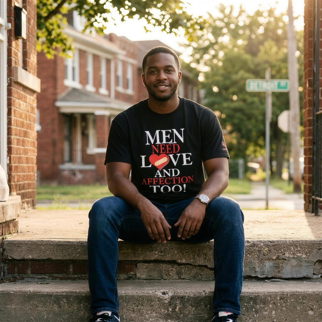 Black man wearing the Retro Black Men Need Love And Affection Too tee on a Detroit stoop