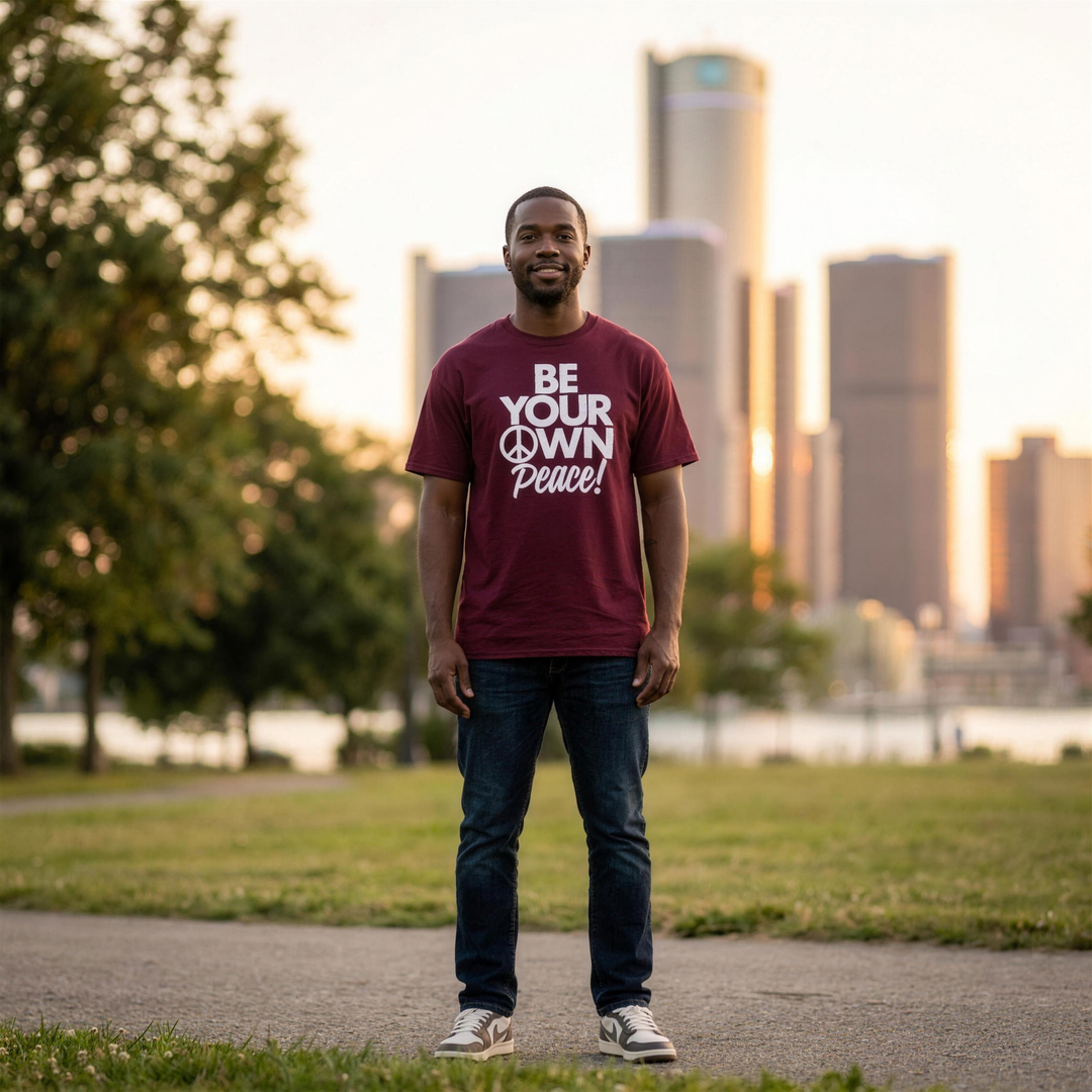 Black man wearing the Retro Black Be Your Own Peace tee in a Detroit park at golden hour