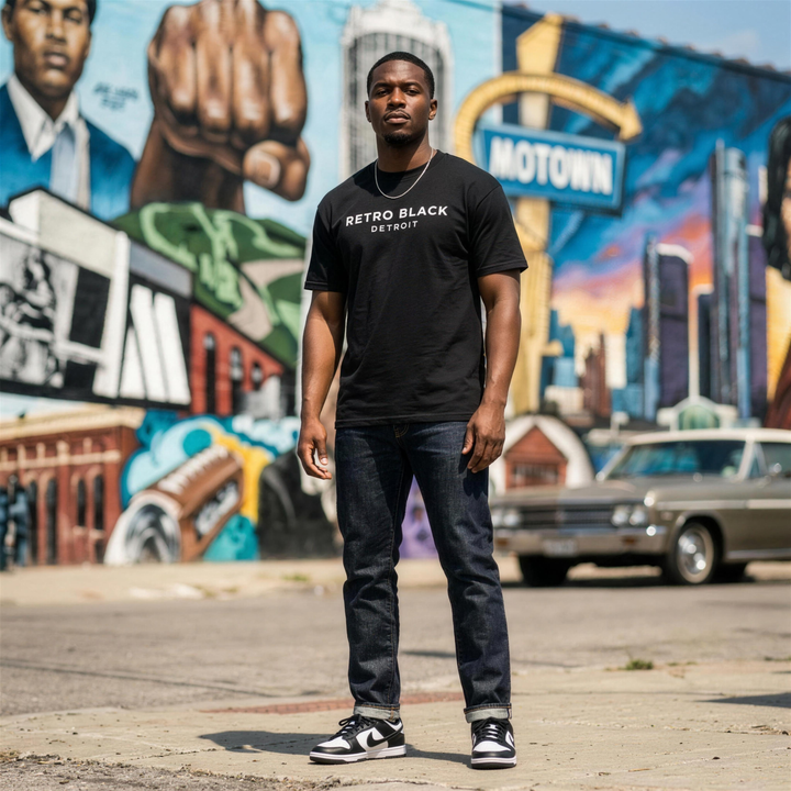 Black man wearing the Retro Black Detroit classic tee in front of a Detroit mural
