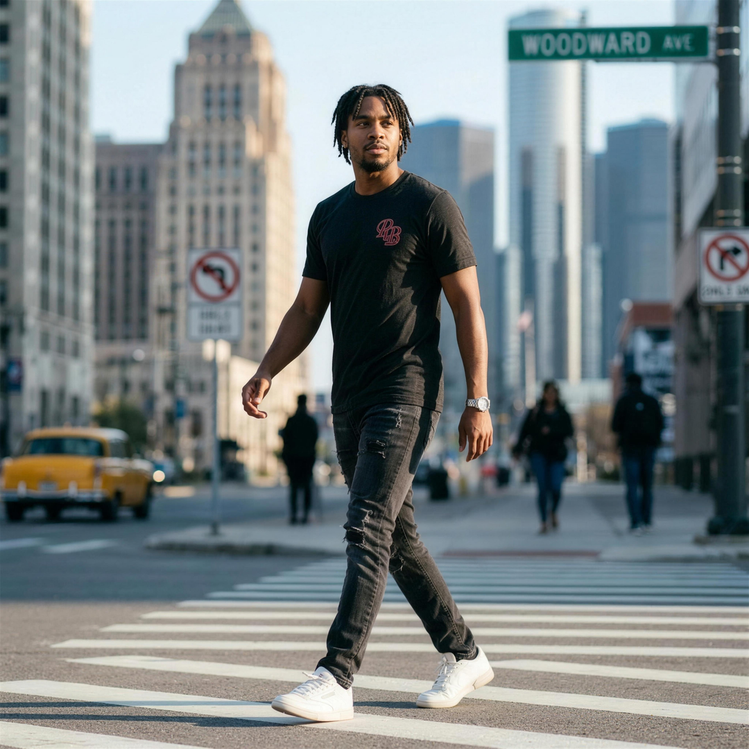 Black man wearing the Retro Black RB Logo tee crossing a downtown Detroit street