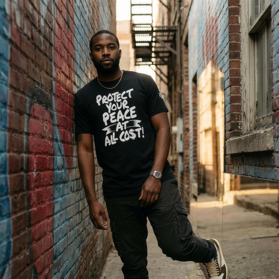 Black man wearing the Retro Black Protect Your Peace At All Cost unisex tee in a Detroit alley