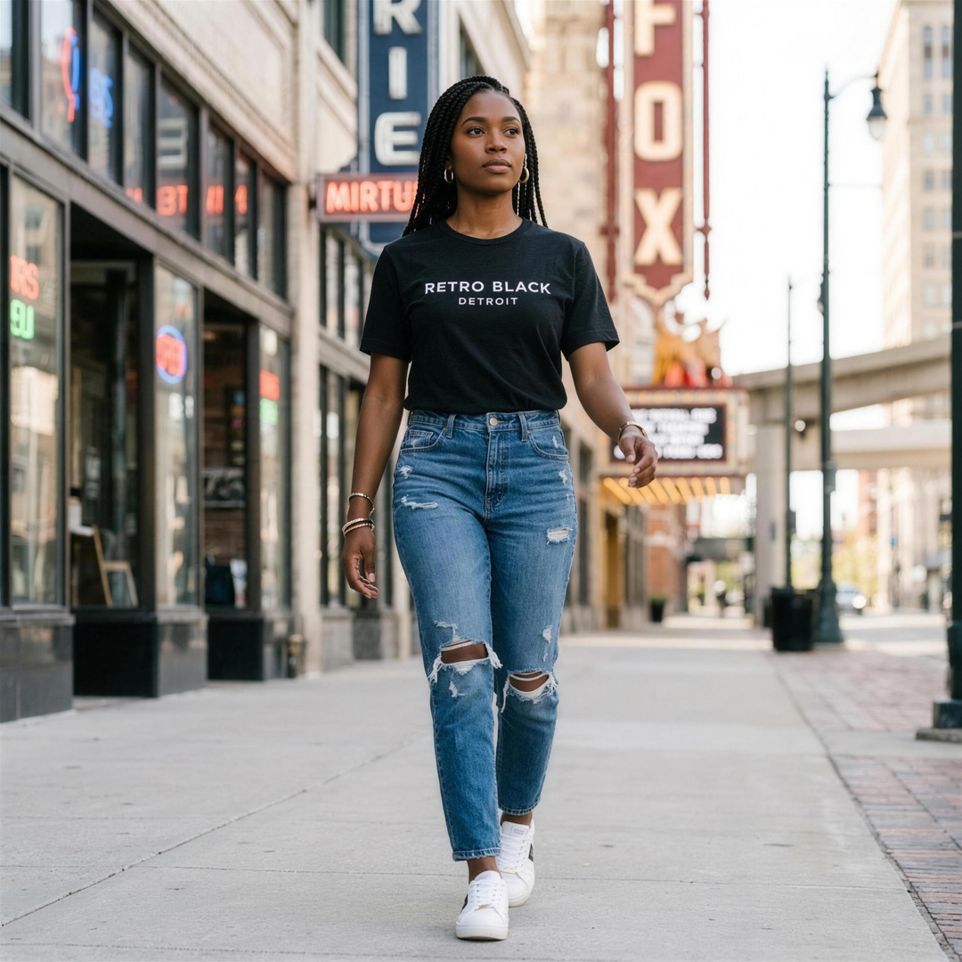 Black woman wearing the Retro Black Detroit unisex tee in downtown Detroit