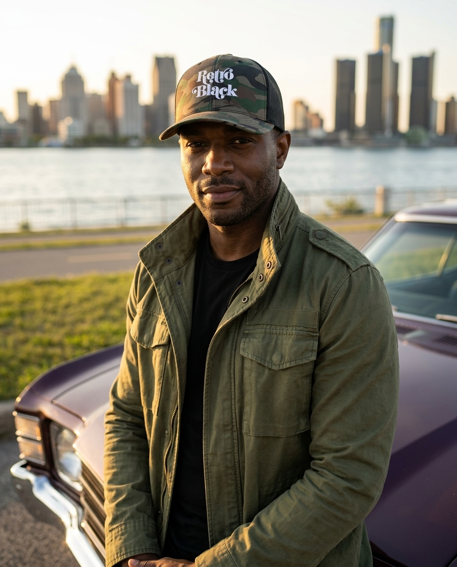 Black man wearing the Retro Black camouflage trucker hat by a classic car on Belle Isle in Detroit