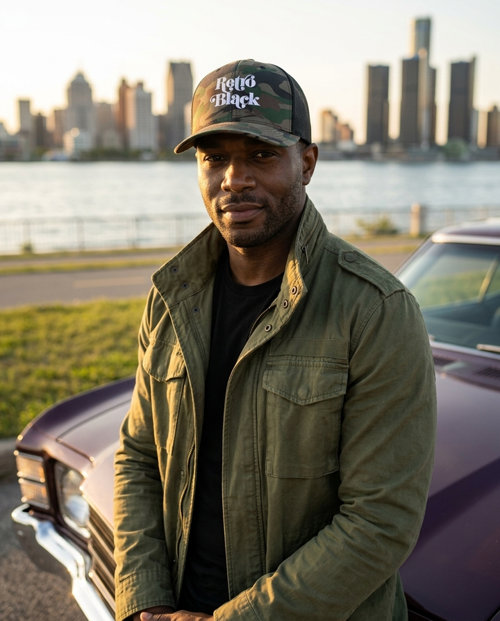 Black man wearing the Retro Black camouflage trucker hat by a classic car on Belle Isle in Detroit