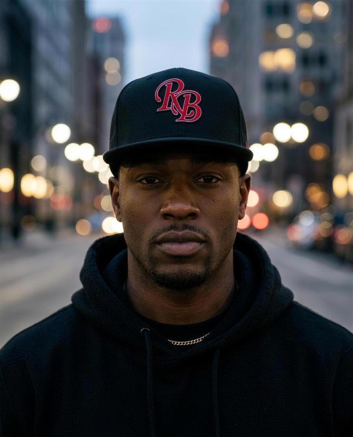 Black man wearing the Retro Black Signature Logo snapback in downtown Detroit at dusk