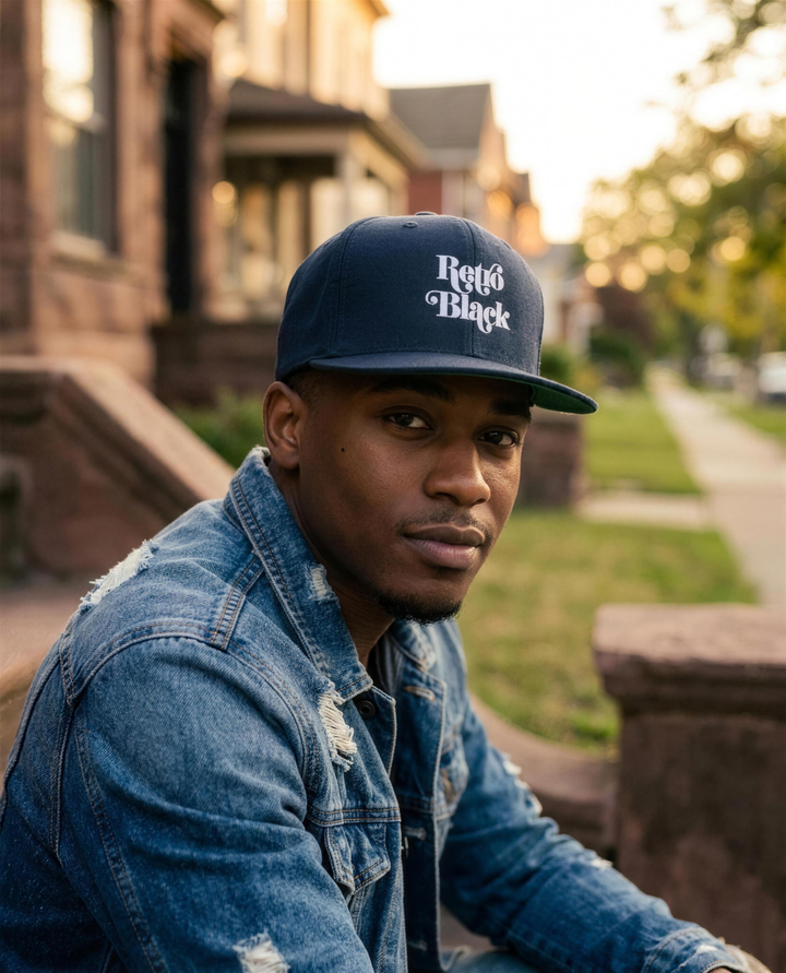 Black man wearing the Retro Black Worded Logo snapback on brownstone steps in Detroit at golden hour