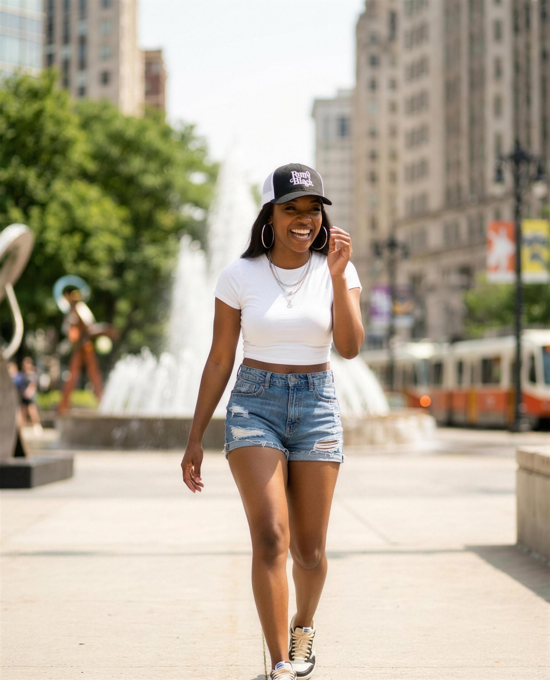 Black woman wearing the Retro Black Worded Logo trucker cap at Campus Martius in downtown Detroit