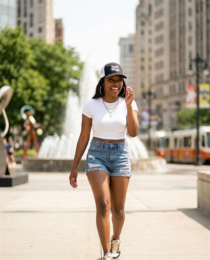 Black woman wearing the Retro Black Worded Logo trucker cap at Campus Martius in downtown Detroit