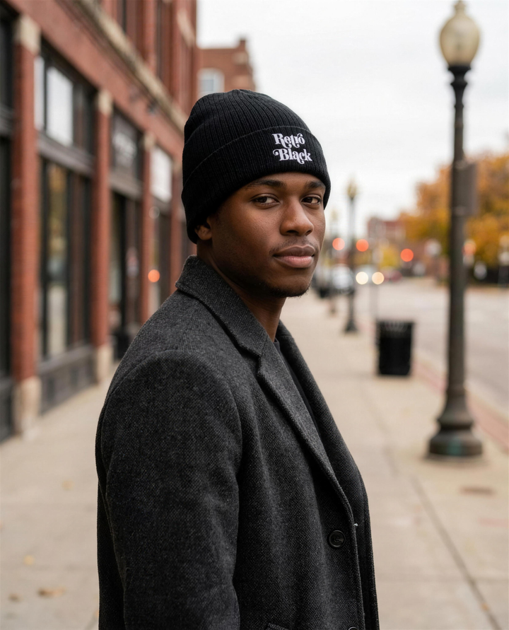 Black man wearing the Retro Black recycled cuffed beanie on a Detroit street on an overcast day