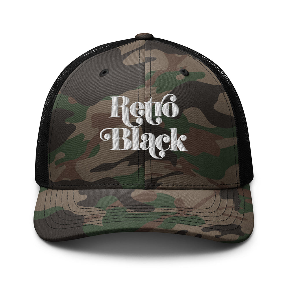 Retro Black camouflage trucker hat, mesh back, front view