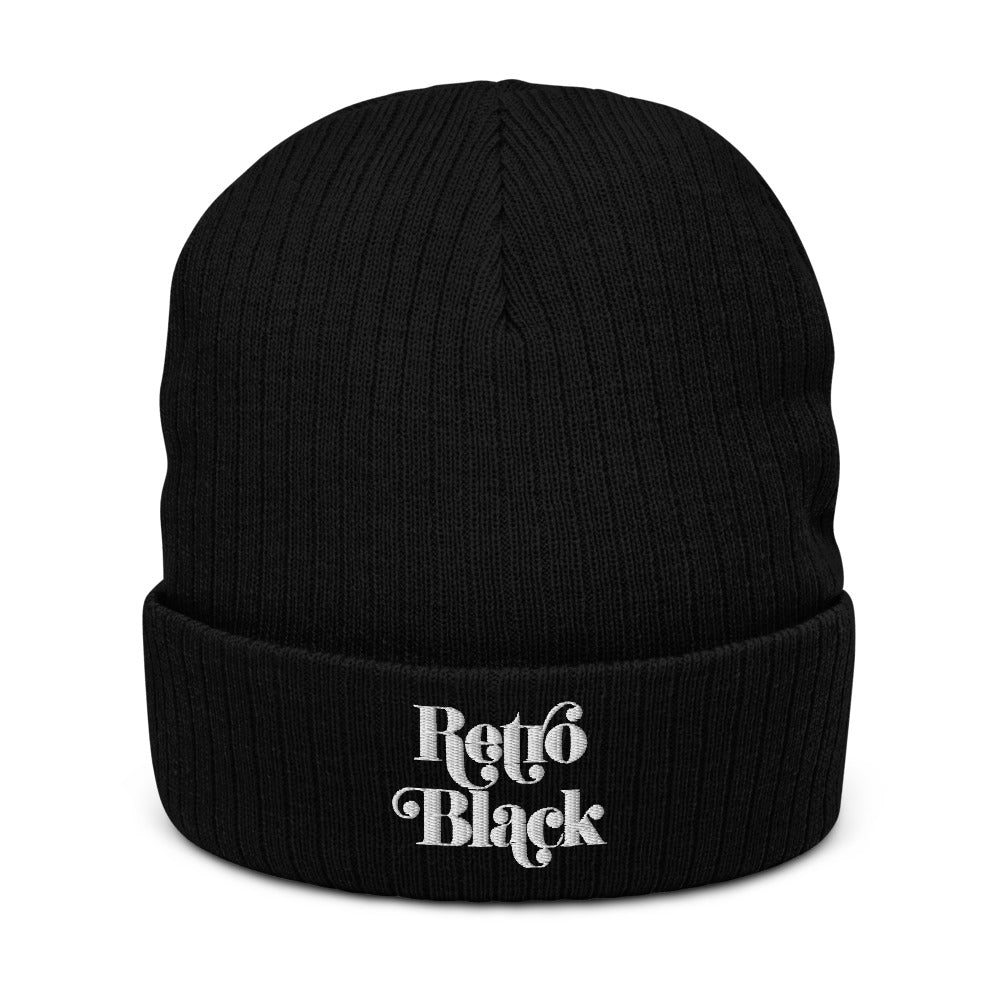 Retro Black recycled unisex cuffed beanie, front view