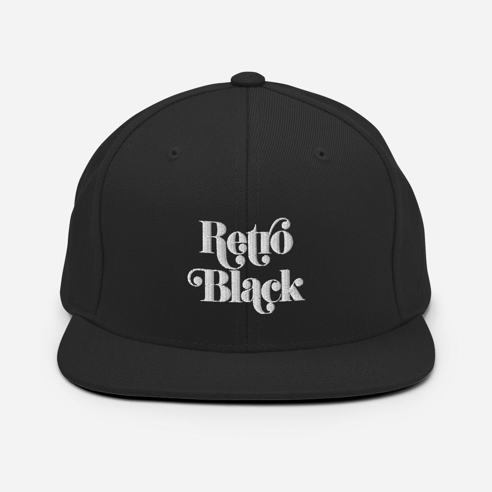 Retro Black worded logo snapback hat, embroidered flat brim cap, front view
