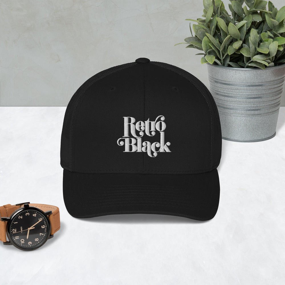 Retro Black worded logo unisex trucker cap, mesh back, front view