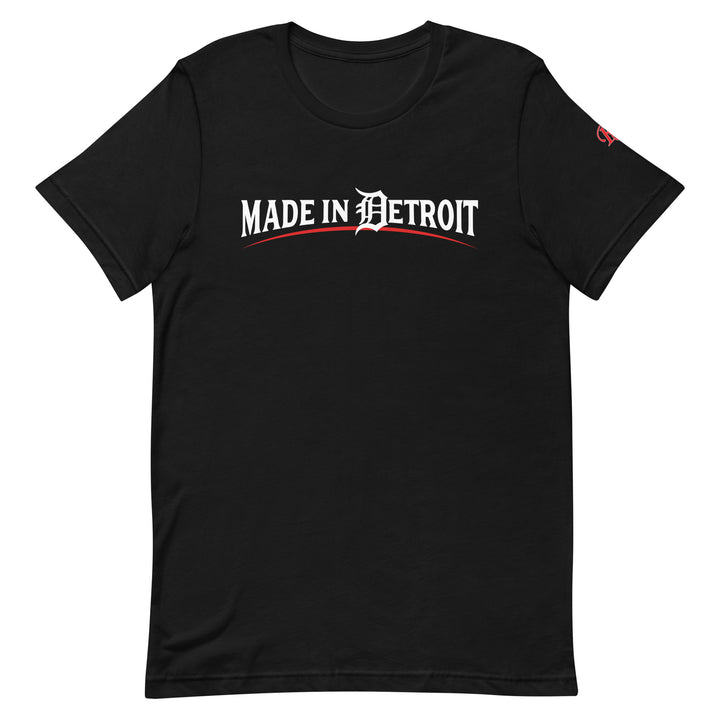 Retro Black Made In Detroit unisex t-shirt in black, front view, Detroit streetwear