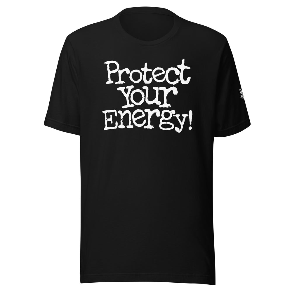 Retro Black Protect Your Energy unisex t-shirt in black, front view