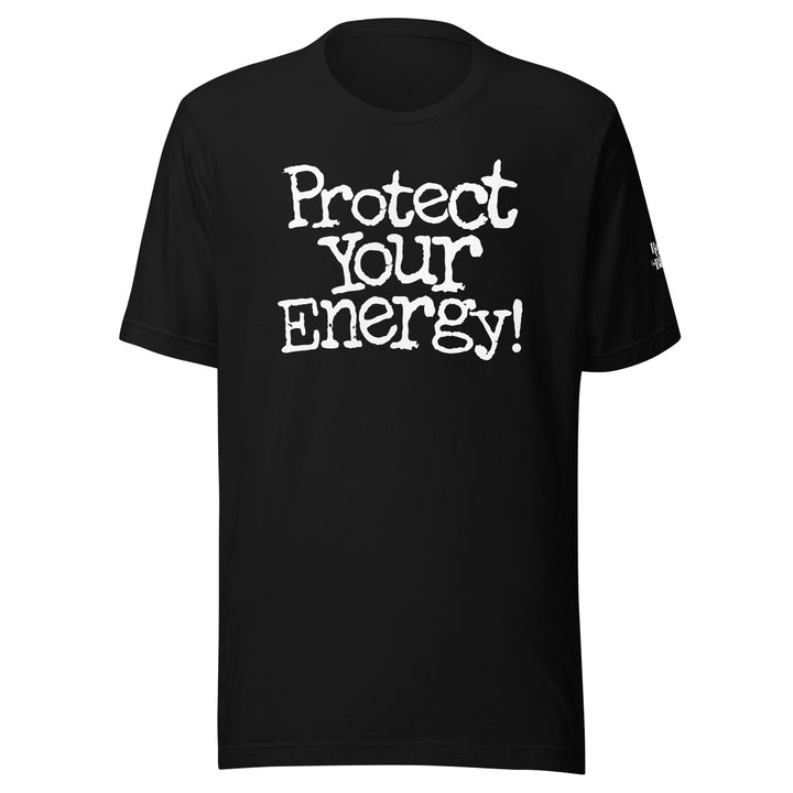 Retro Black Protect Your Energy unisex t-shirt in black, front view